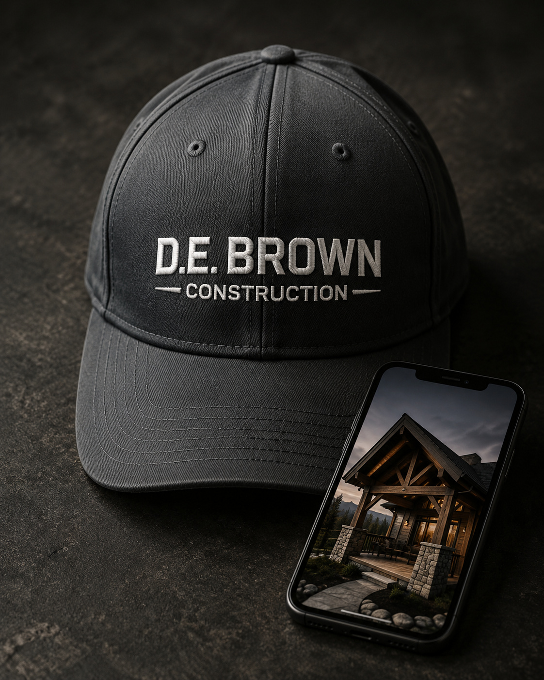 D.E. Brown Construction embroidered cap and brand presentation